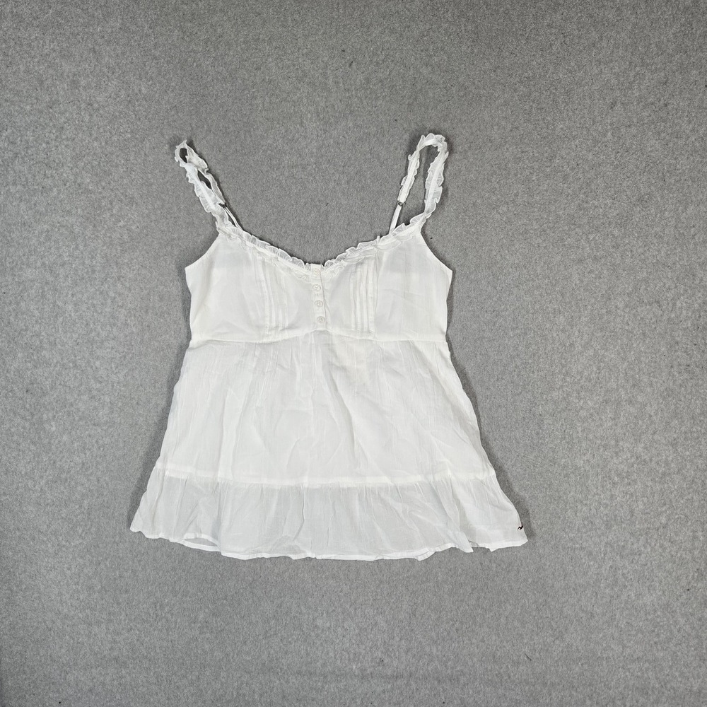 Hollister Women Tank Top M White Camisole Button Ruffle Babydoll Cami